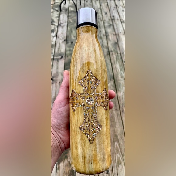 Faith 17oz water bottle, hand painted wood grain, gold & gemstone glitter inlays - Picture 12 of 12